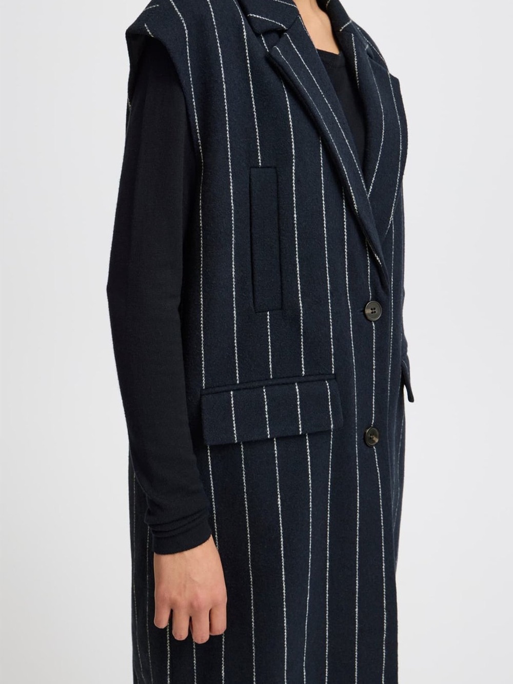 Pinstripe Long Sleeveless Coat Vest - Navy
